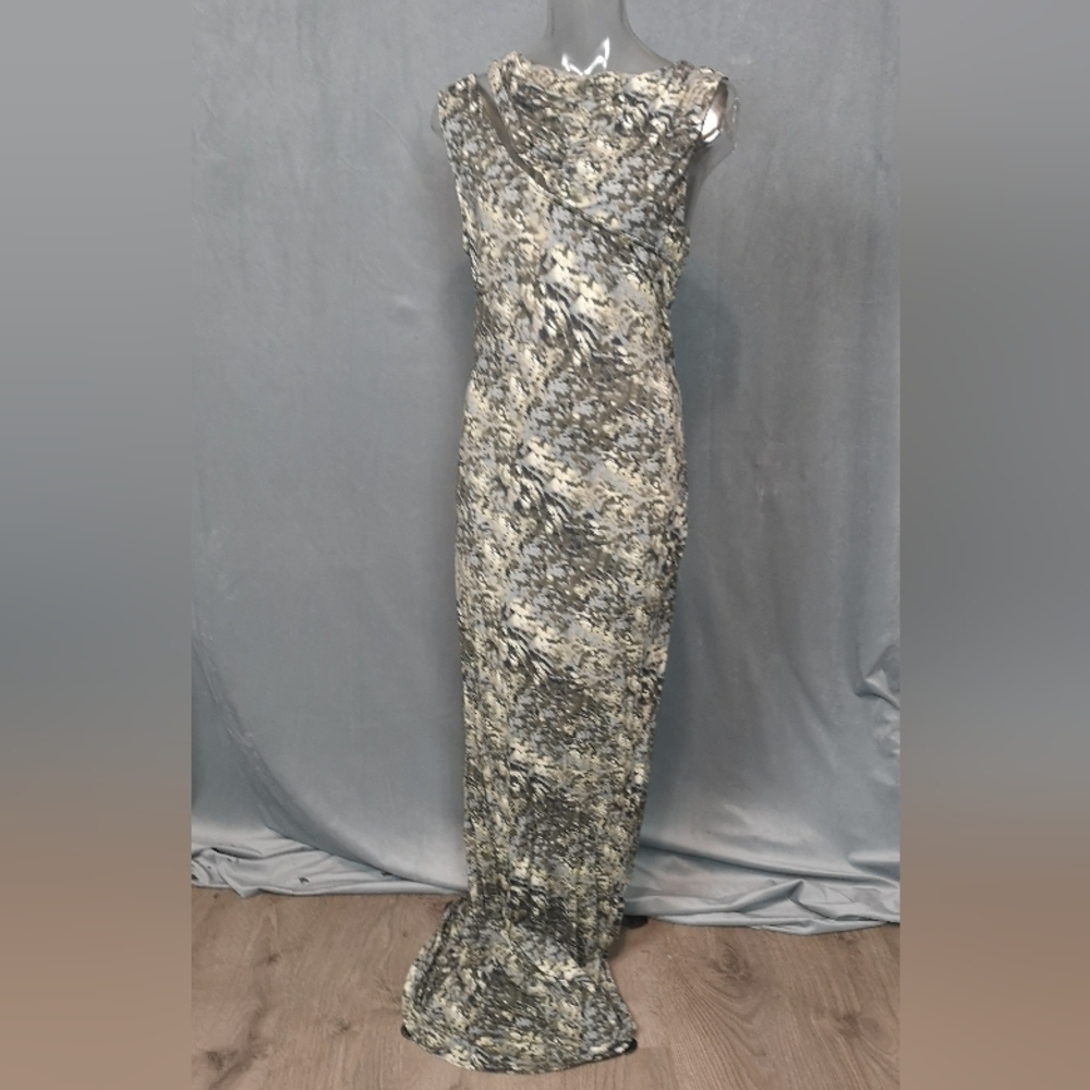 00s vintage fine gage jersey animal camo printed maxi gown with cutouts